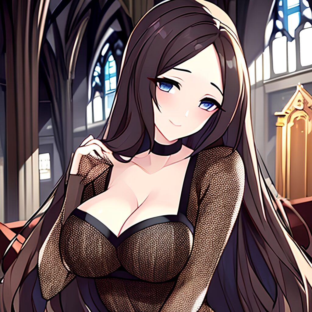 church woman long hair fishnet messy hair brunette 