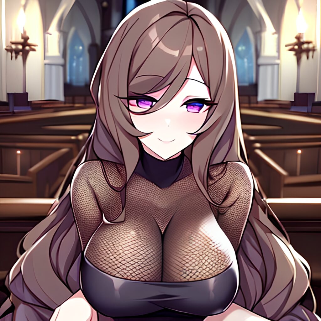 church woman long hair messy hair brunette fishnet