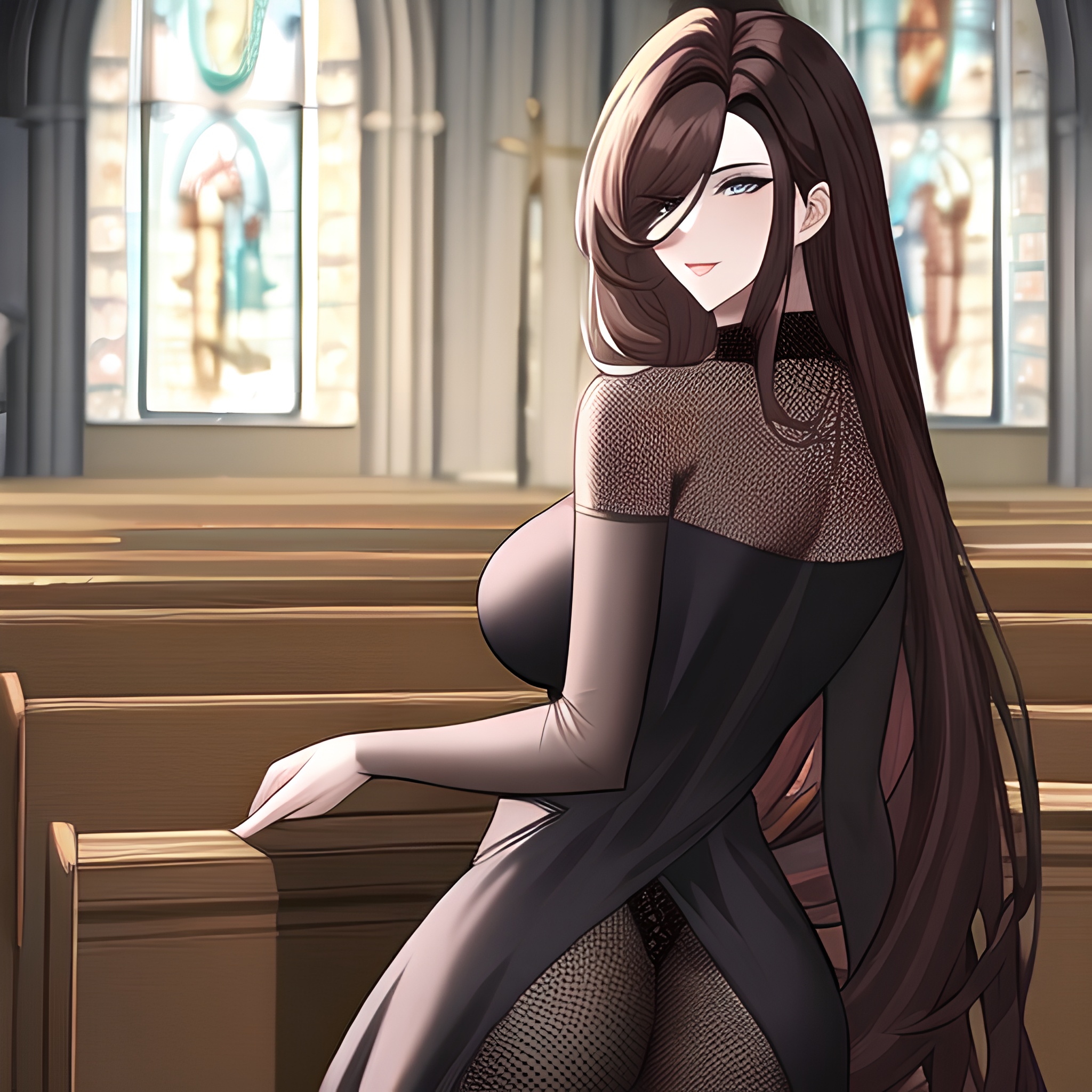 church woman long hair messy hair brunette fishnet 