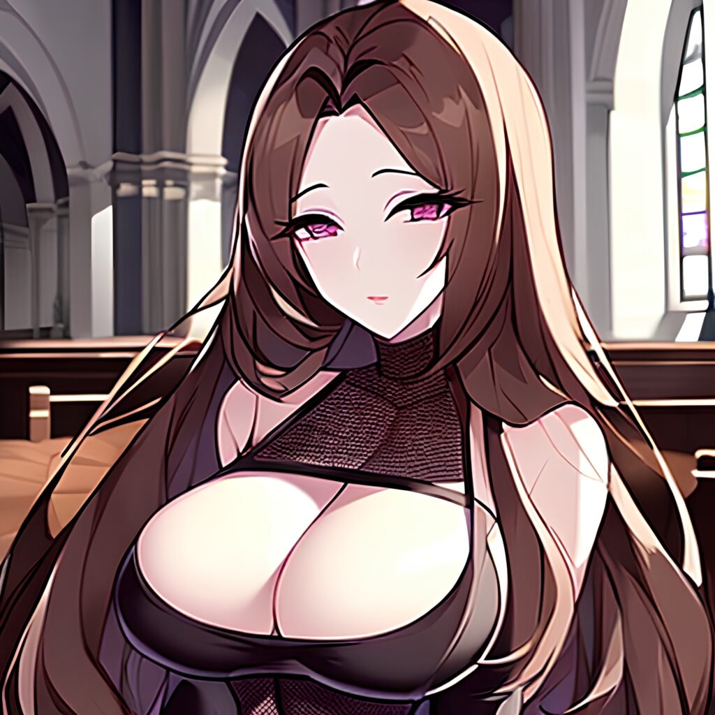 church woman long hair messy hair brunette fishnet