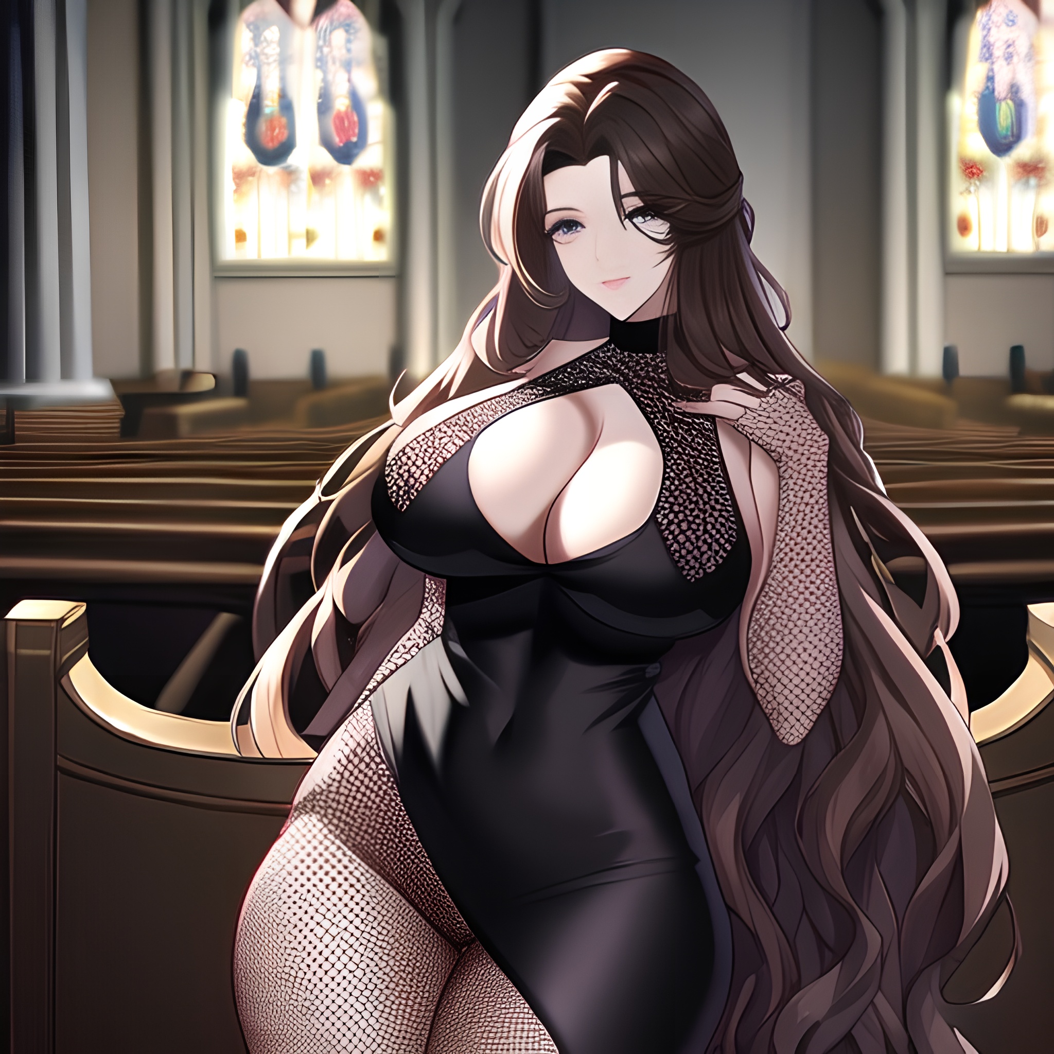 church woman long hair messy hair brunette fishnet 