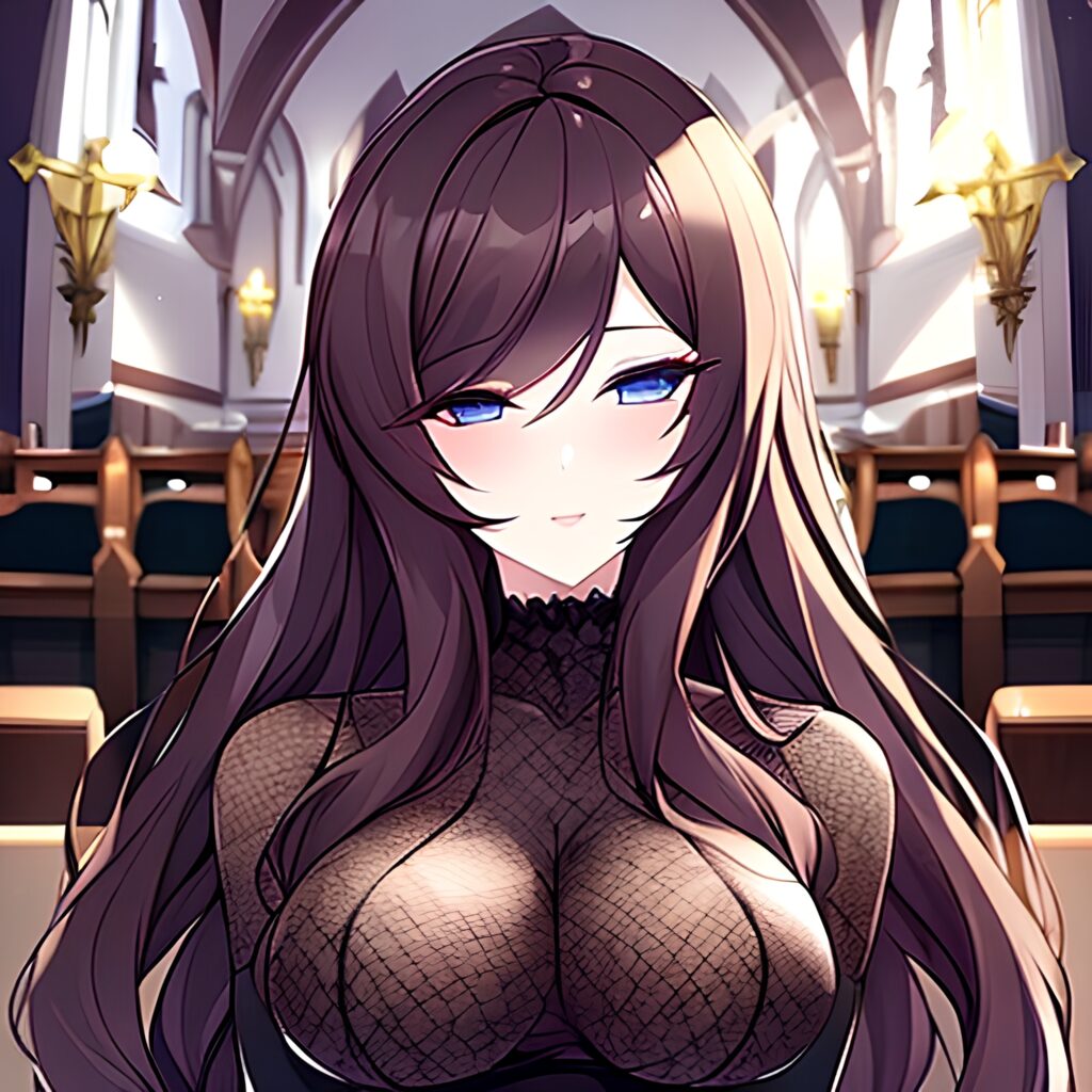 church woman long hair messy hair brunette fishnet 