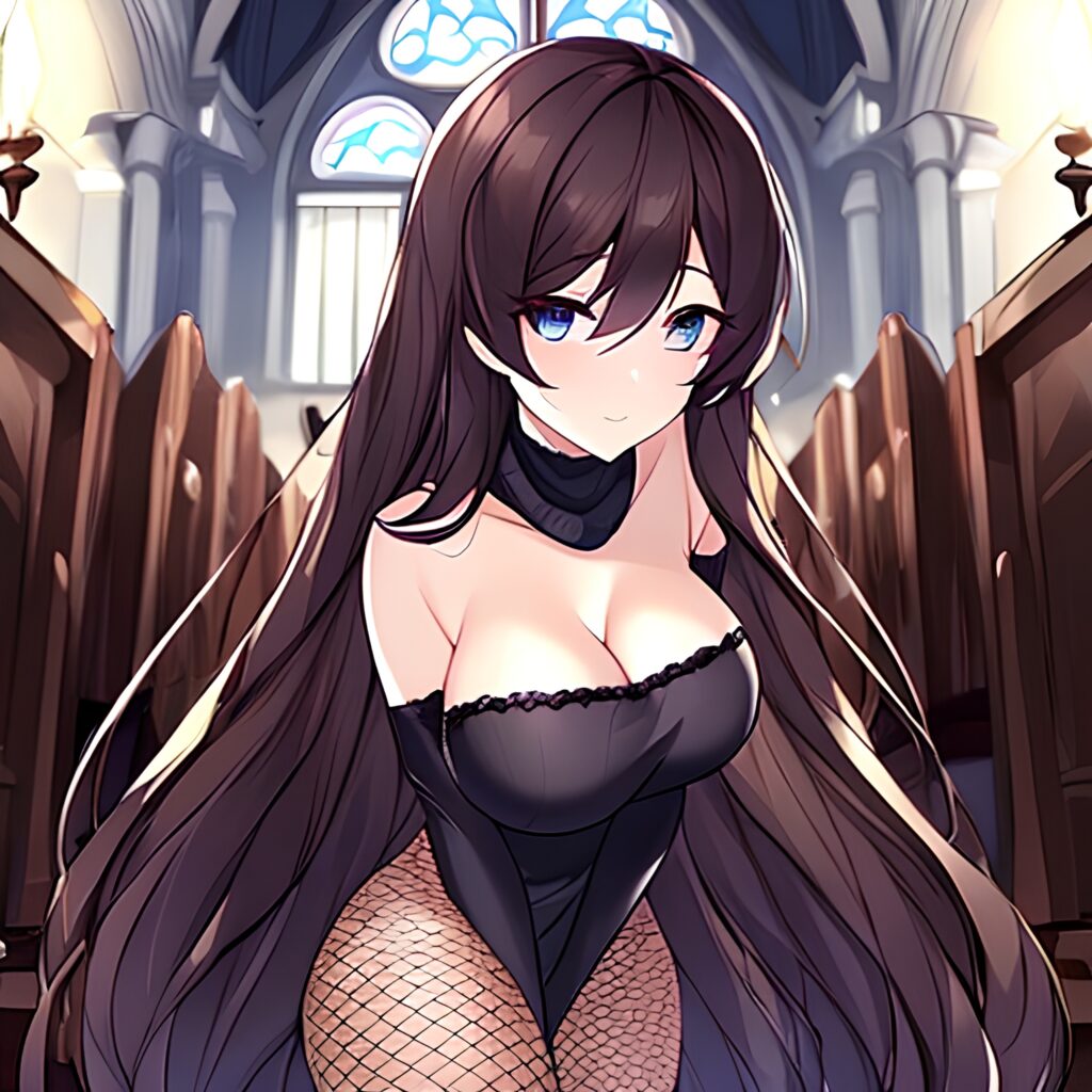 church woman long hair messy hair brunette fishnet 