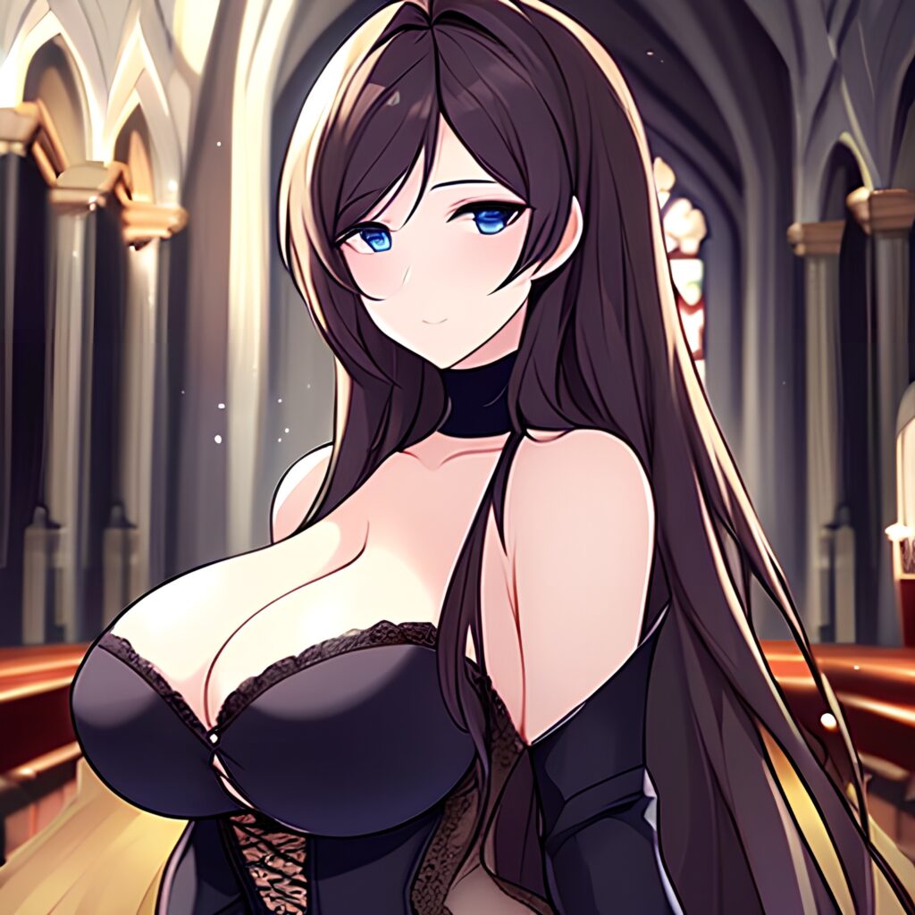 church woman long hair messy hair brunette fishnet 