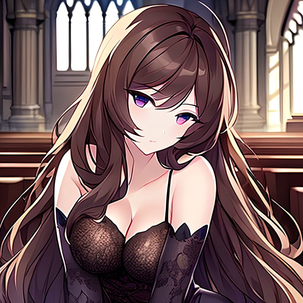 church woman long hair messy hair brunette fishnet 