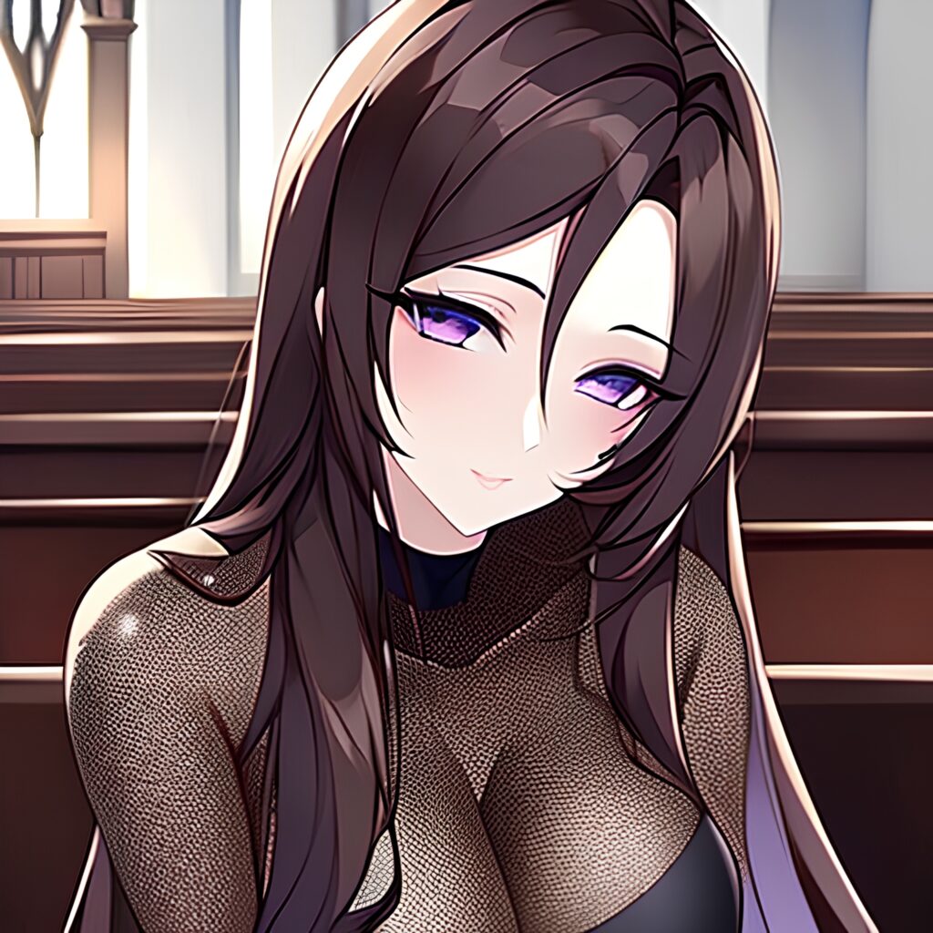 church woman long hair messy hair brunette fishnet