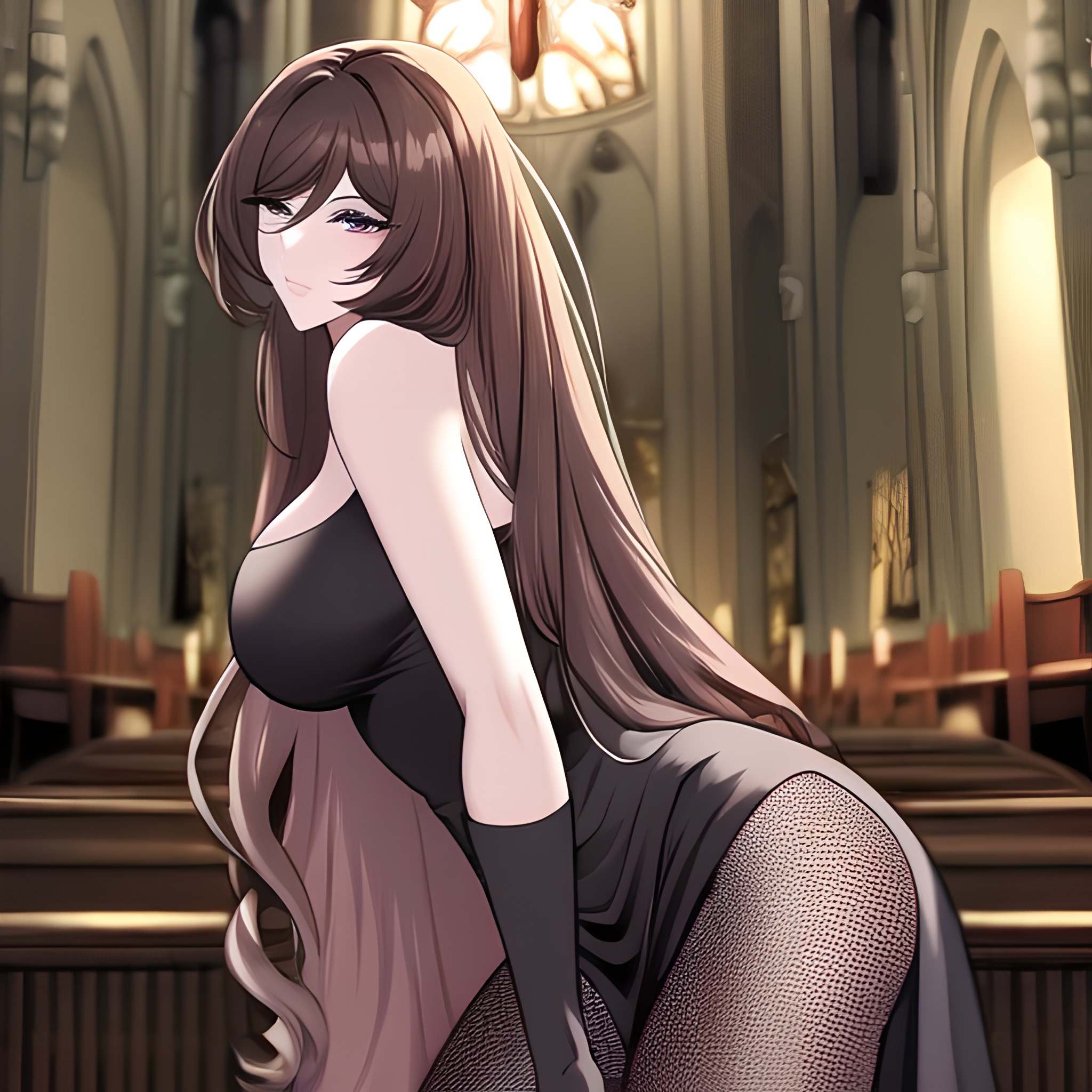 church woman long hair messy hair brunette fishnet 