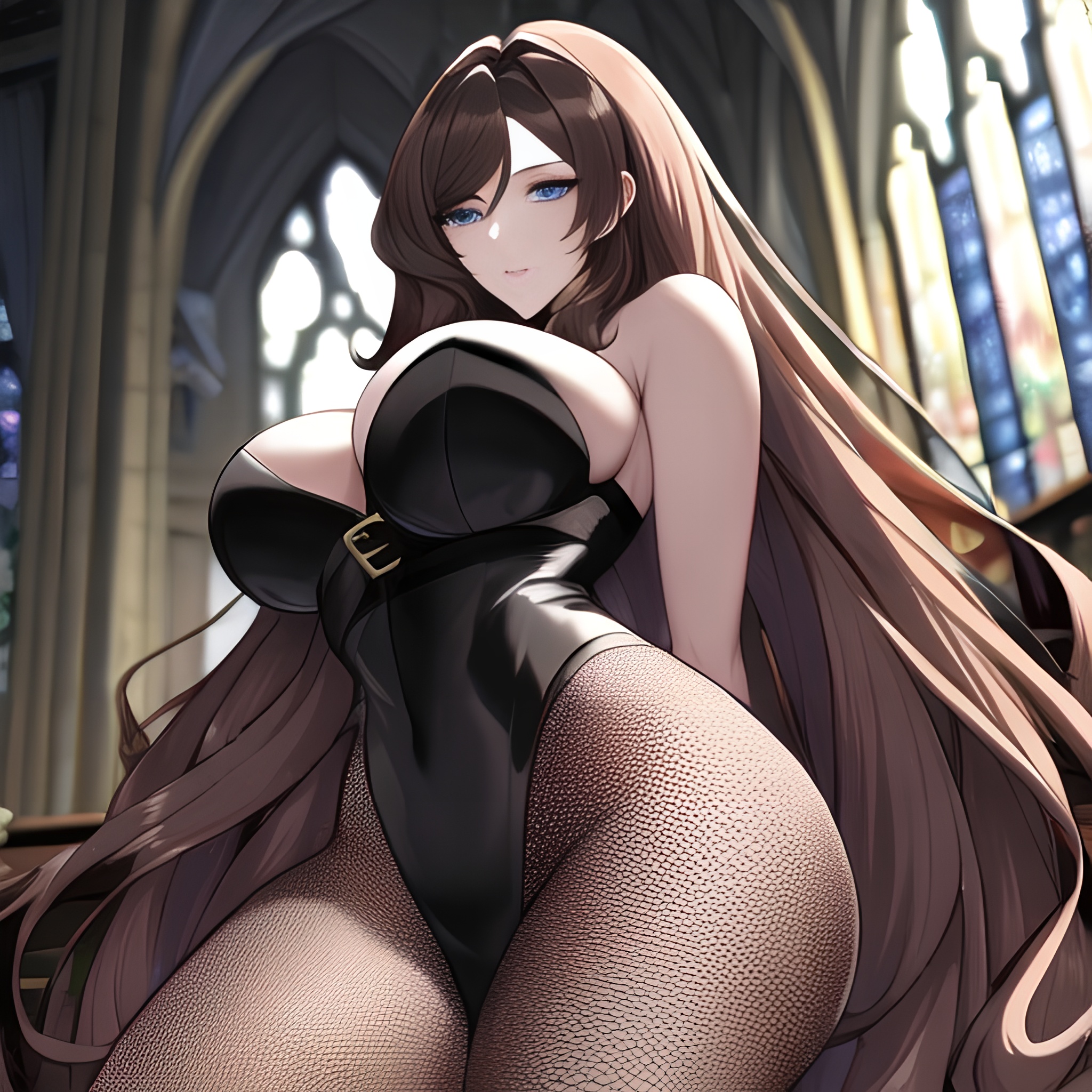 church woman long hair messy hair fishnet brunette 