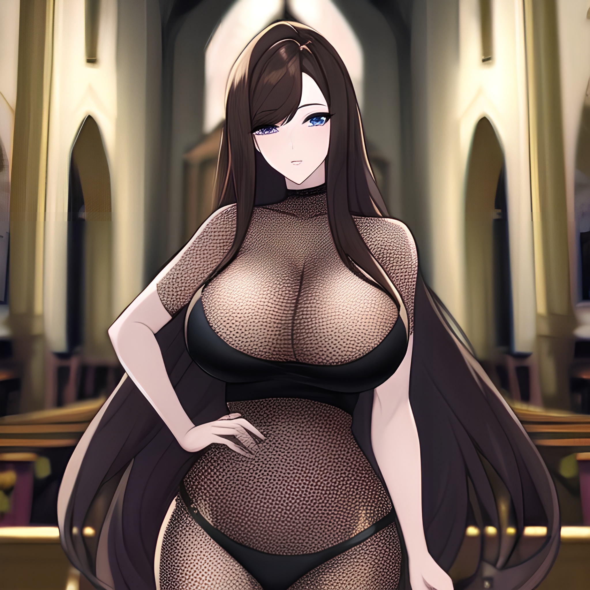 church woman long hair messy hair fishnet brunette 