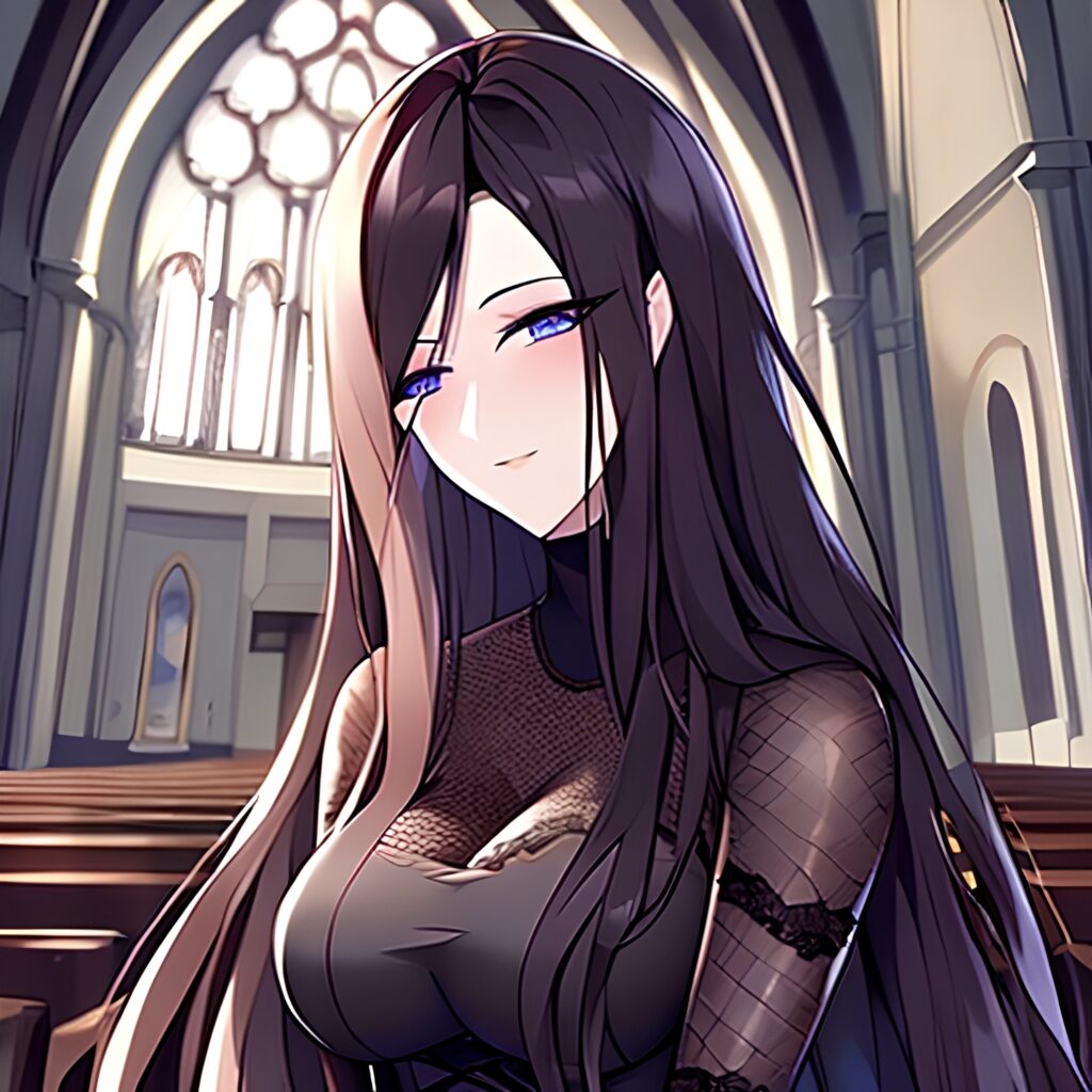 church woman messy hair brunette fishnet long hair 