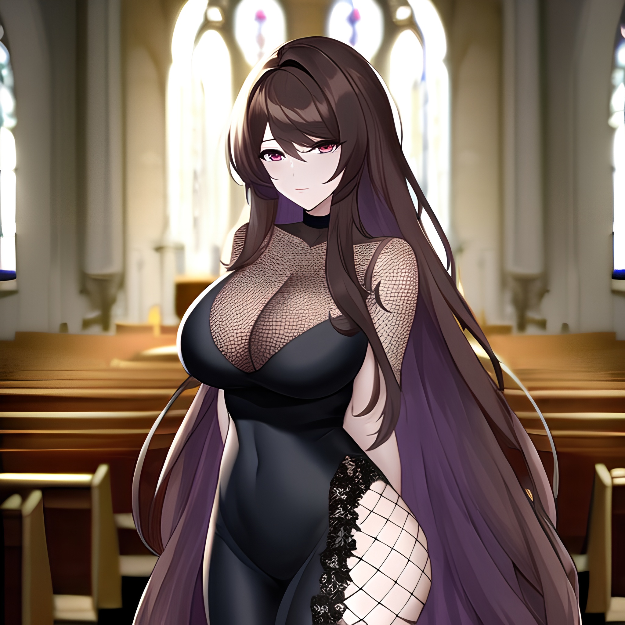 church woman messy hair brunette fishnet long hair
