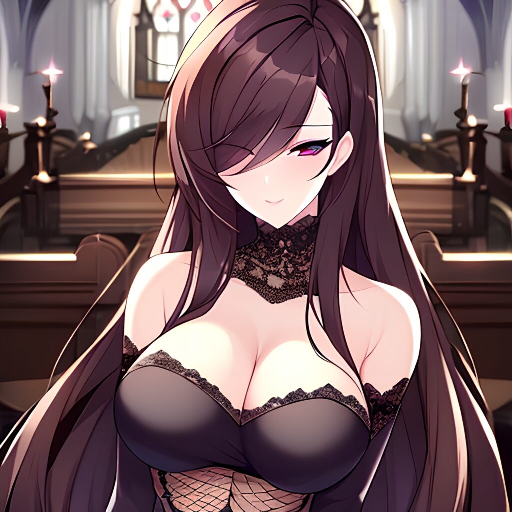 church woman messy hair brunette fishnet long hair 