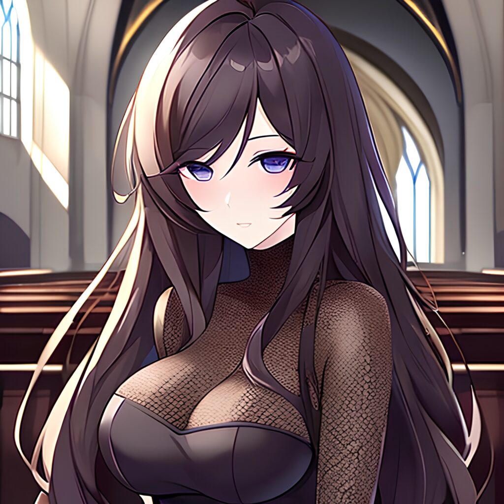 church woman messy hair brunette fishnet long hair 