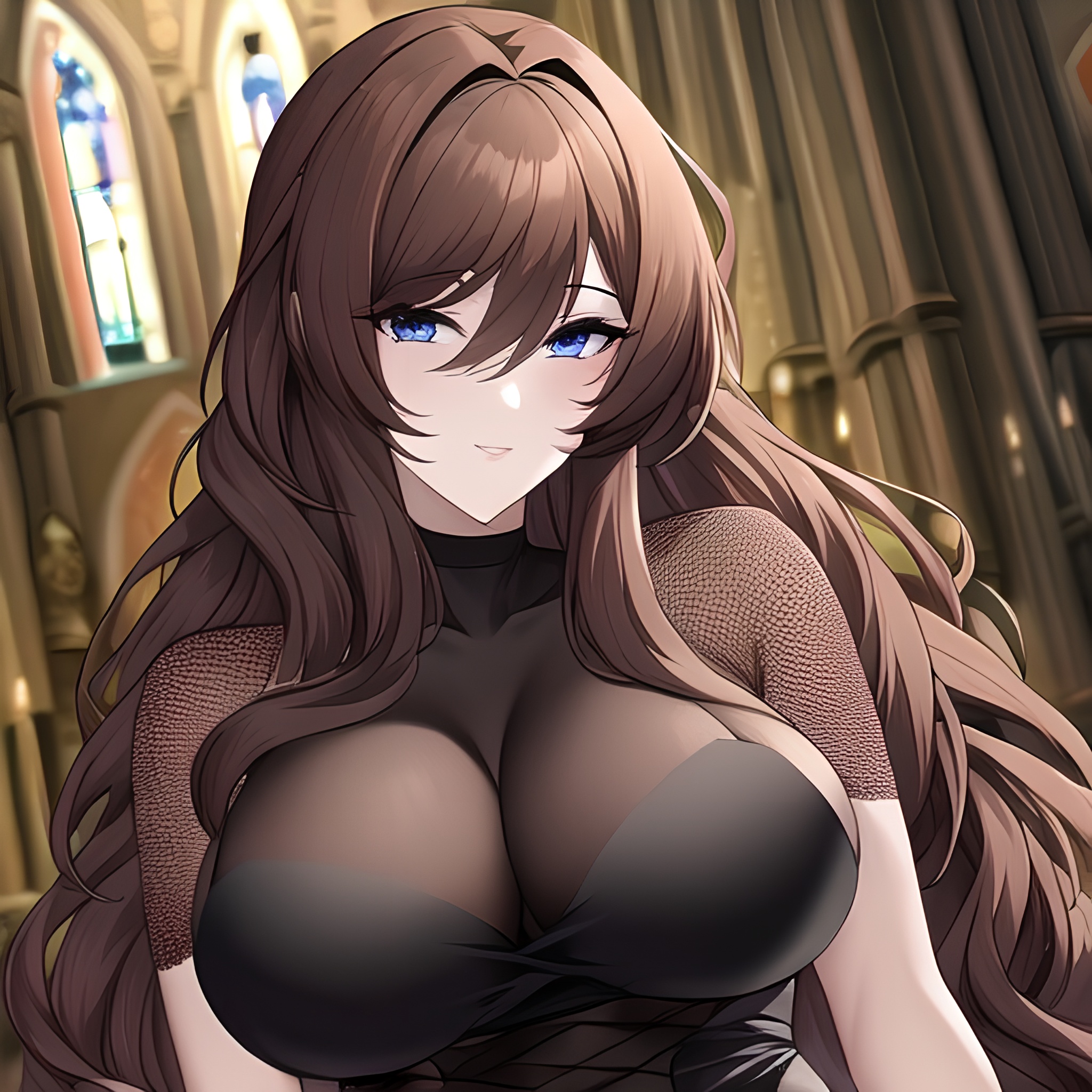church woman messy hair brunette long hair fishnet