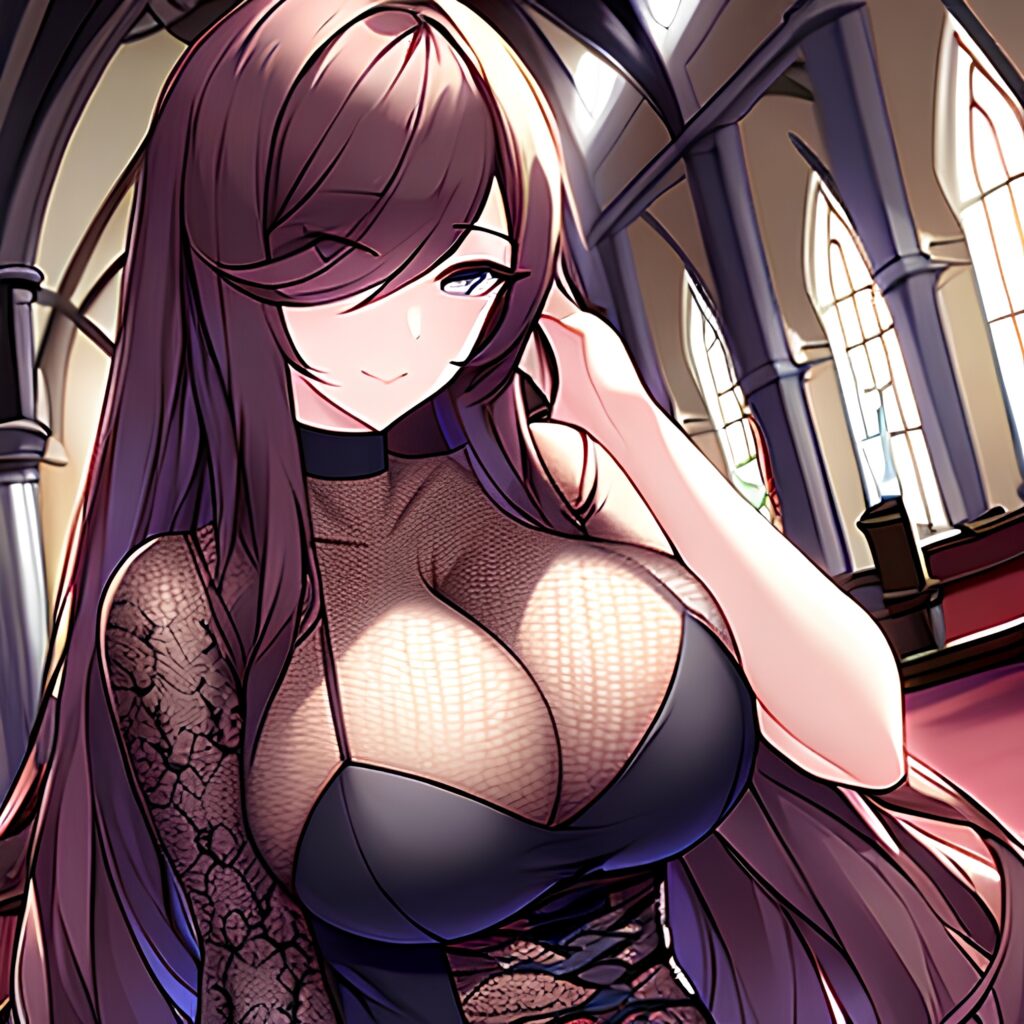 church woman messy hair brunette long hair fishnet