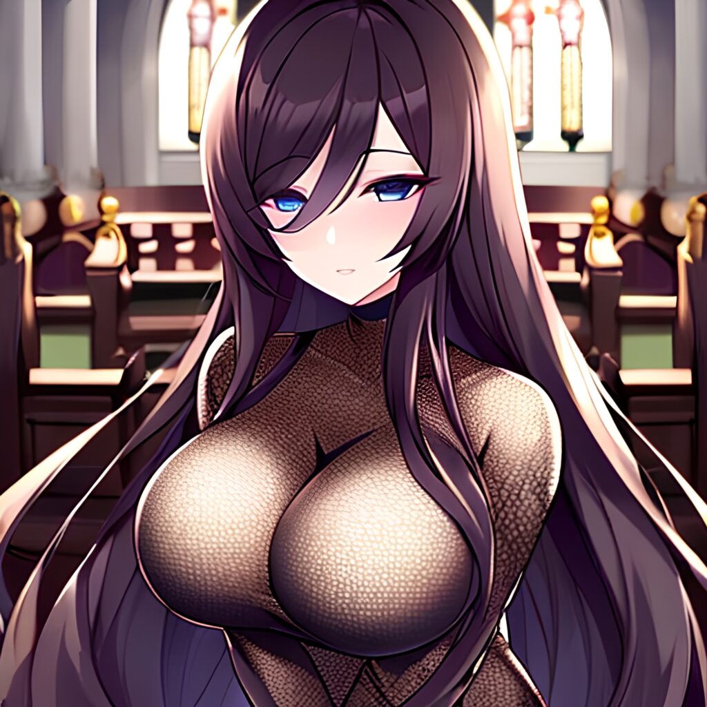 church woman messy hair brunette long hair fishnet