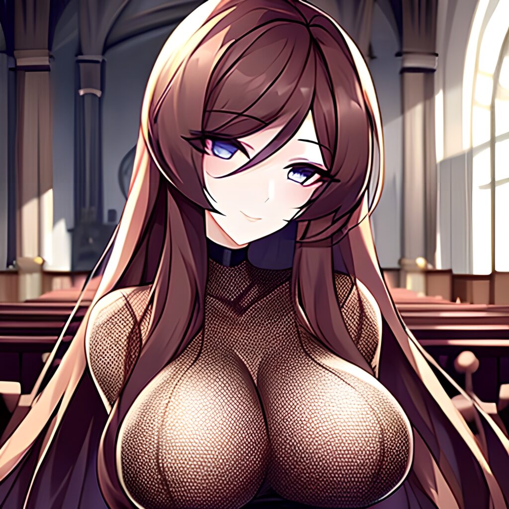 church woman messy hair brunette long hair fishnet 
