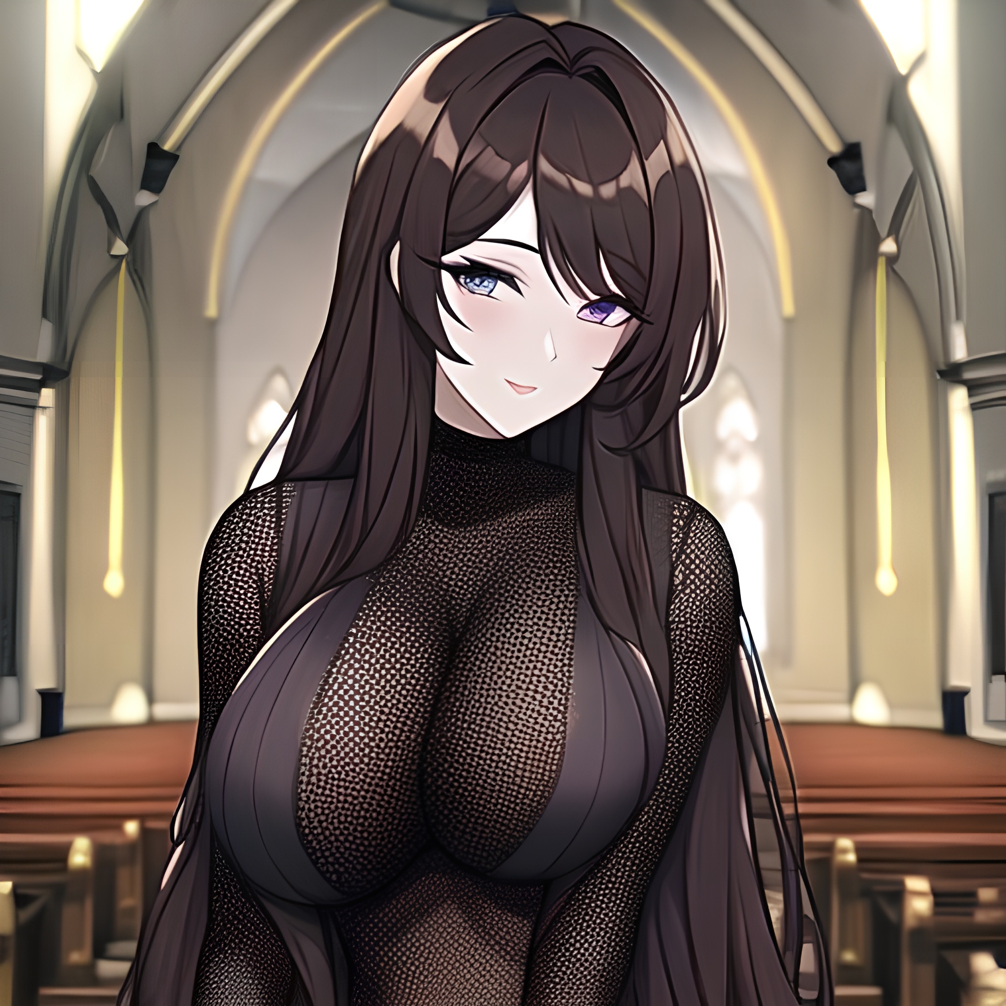 church woman messy hair fishnet brunette long hair 