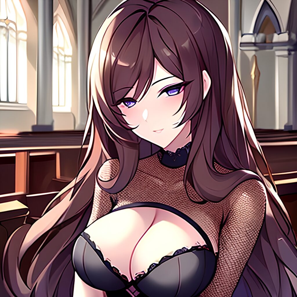 church woman messy hair fishnet brunette long hair 
