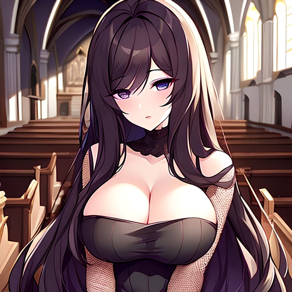church woman messy hair fishnet brunette long hair