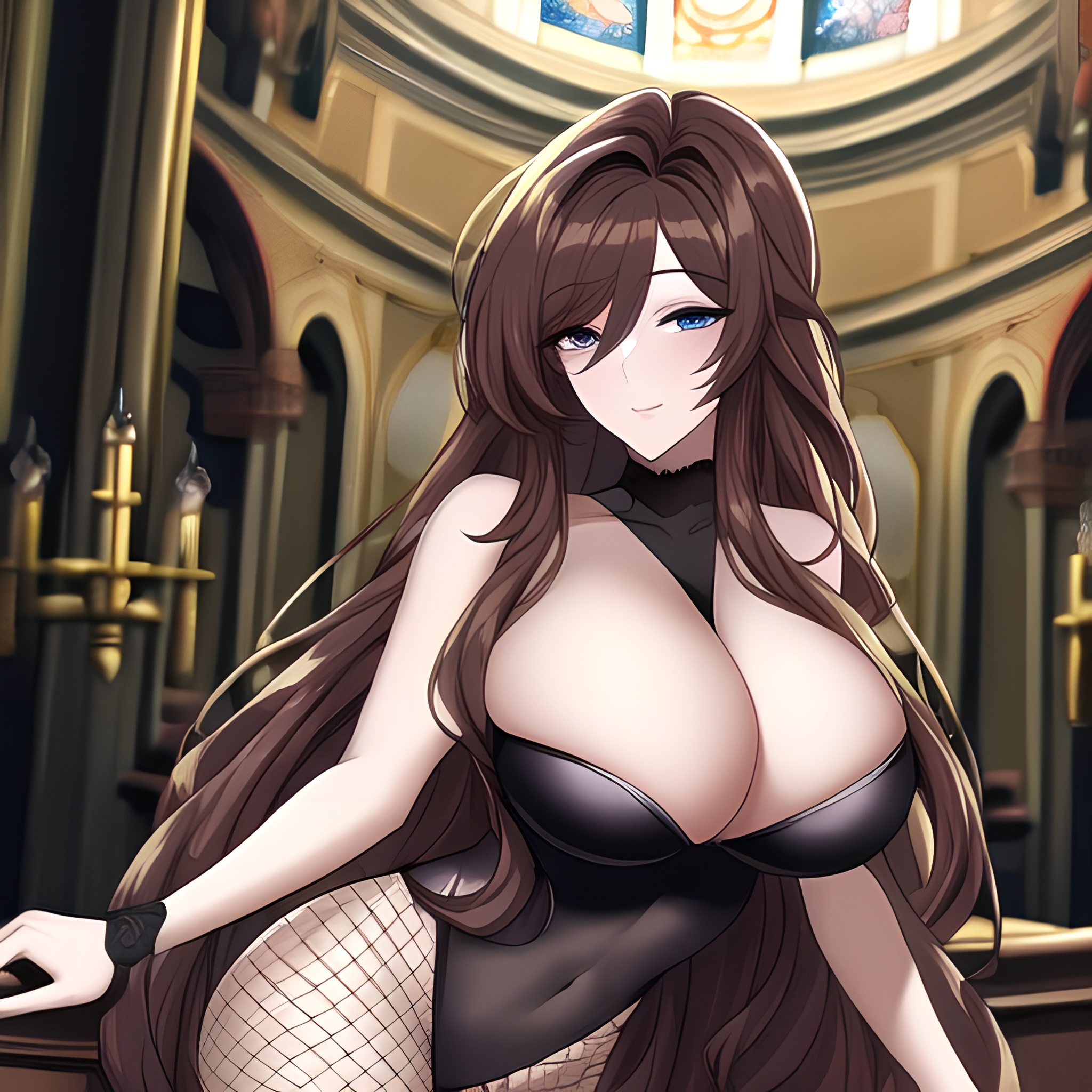 church woman messy hair fishnet brunette long hair