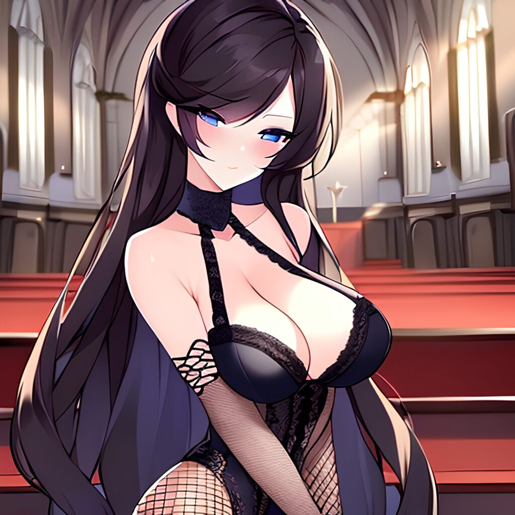church woman messy hair fishnet brunette long hair