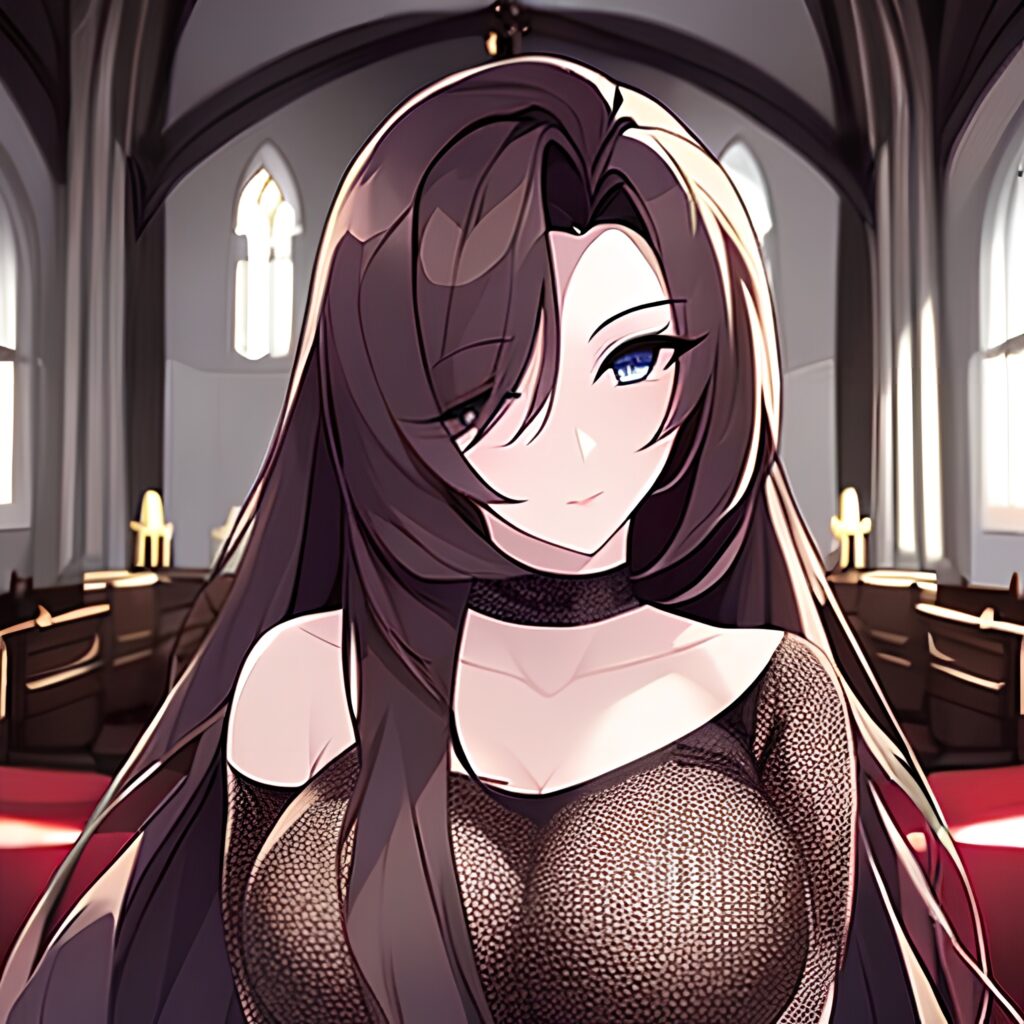 church woman messy hair fishnet long hair brunette 