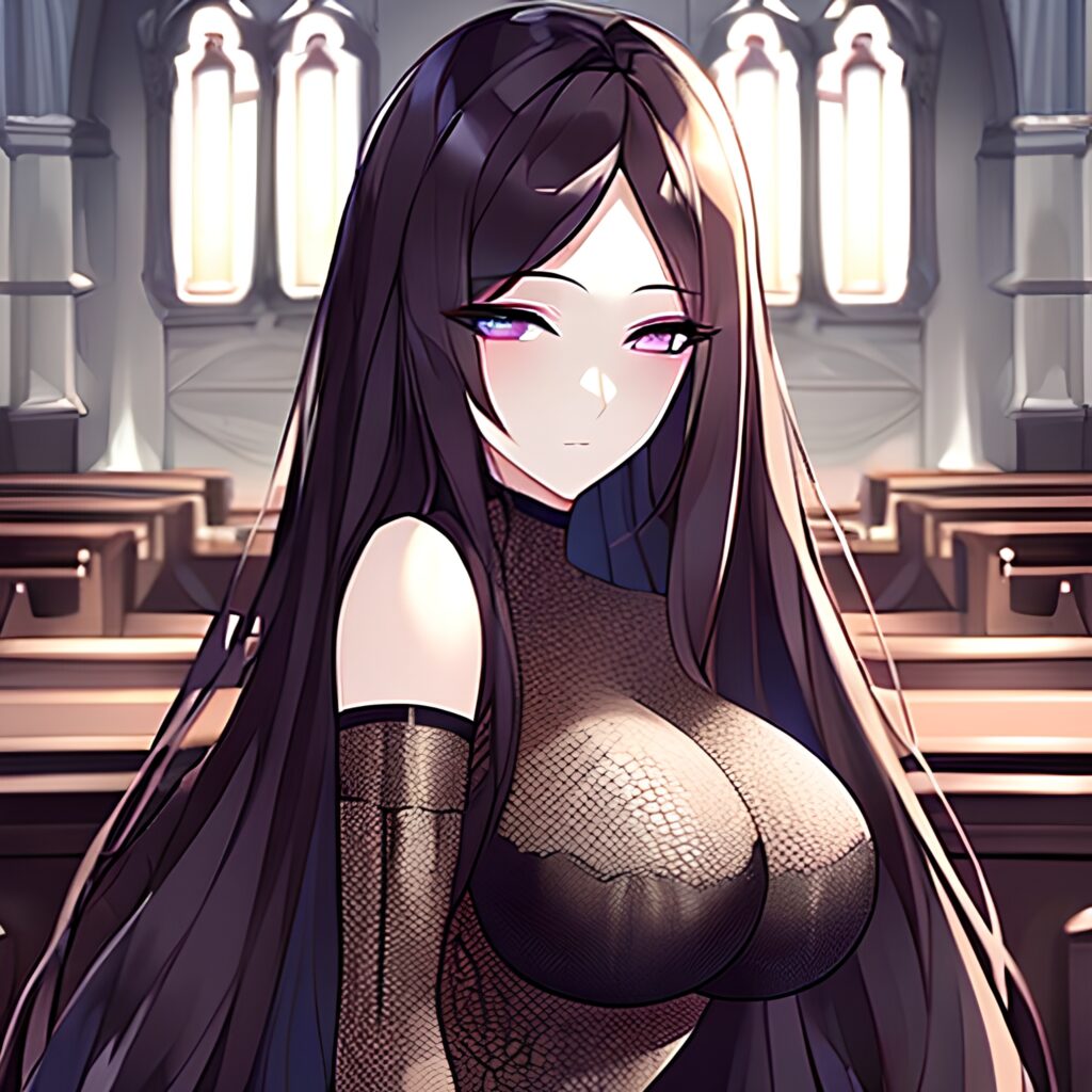 church woman messy hair fishnet long hair brunette 