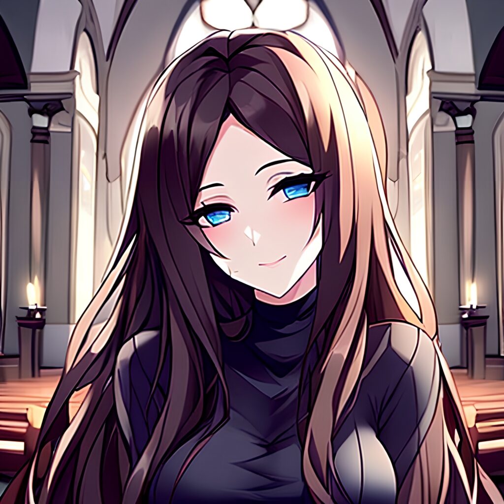 church woman messy hair fishnet long hair brunette 