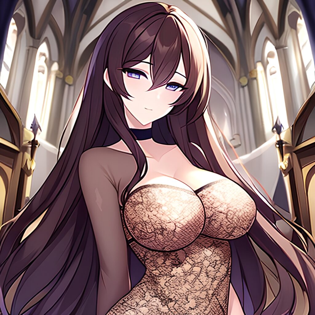 church woman messy hair fishnet long hair brunette