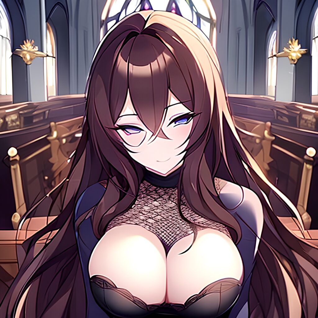 church woman messy hair fishnet long hair brunette 