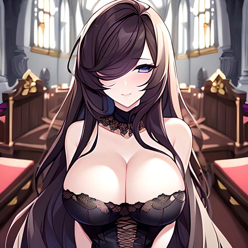 church woman messy hair long hair brunette fishnet 