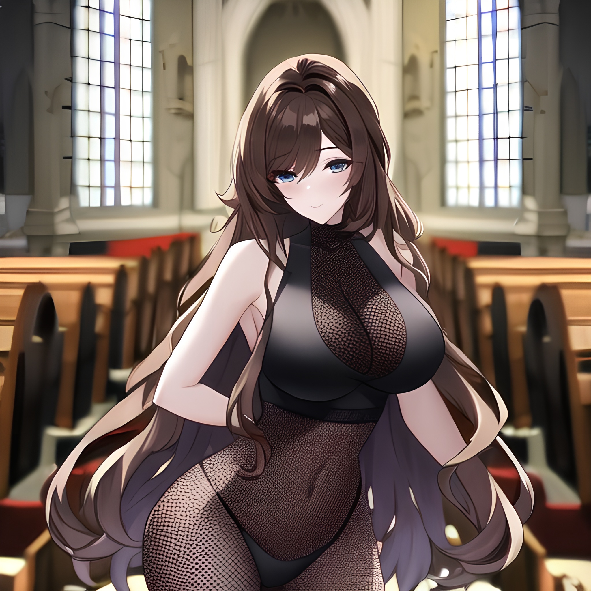 church woman messy hair long hair brunette fishnet