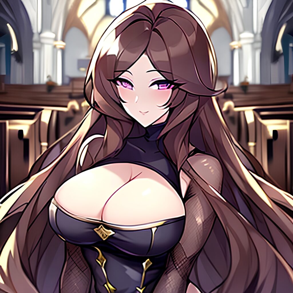 church woman messy hair long hair brunette fishnet 