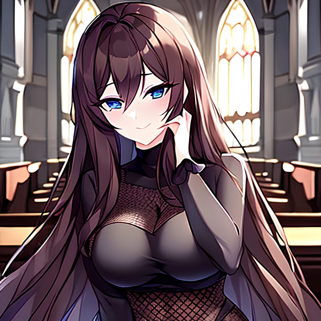 church woman messy hair long hair brunette fishnet 