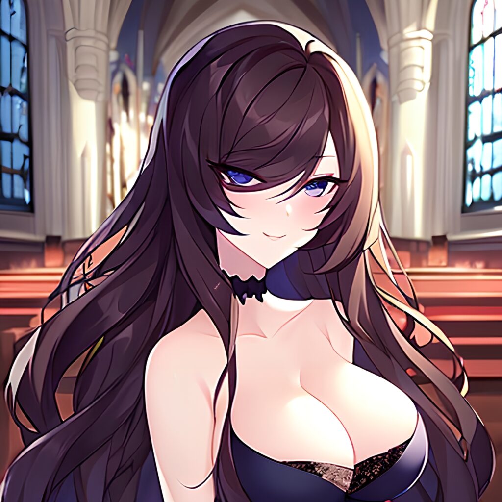 church woman messy hair long hair brunette fishnet 