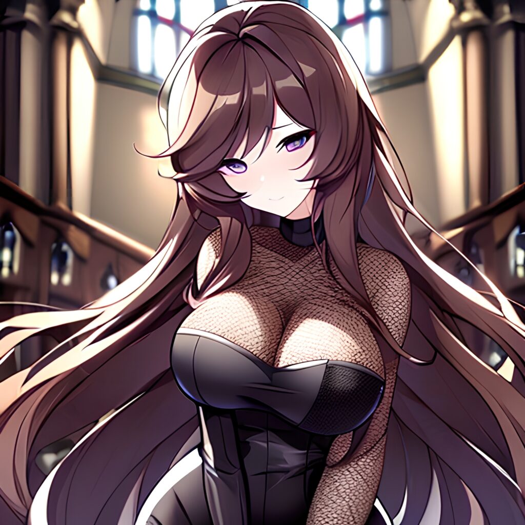 church woman messy hair long hair brunette fishnet