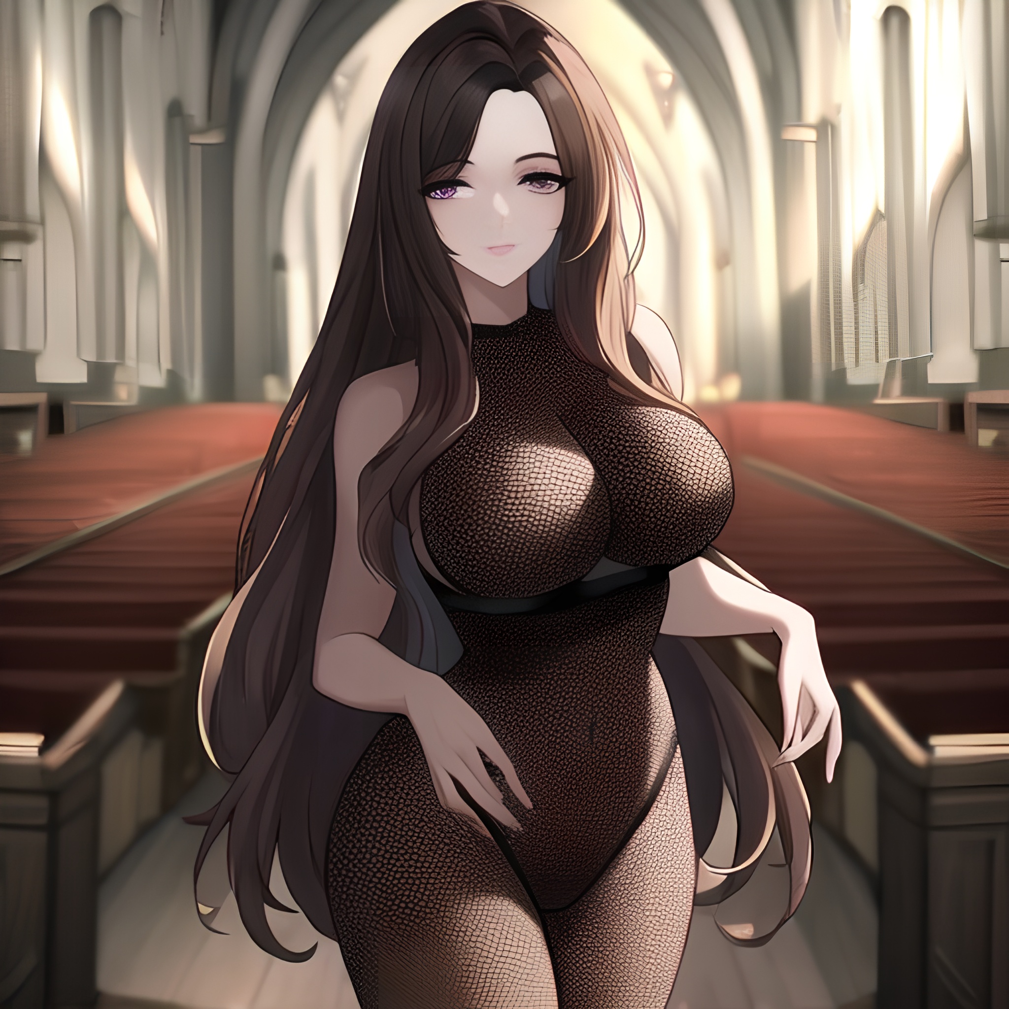 church woman messy hair long hair fishnet brunette