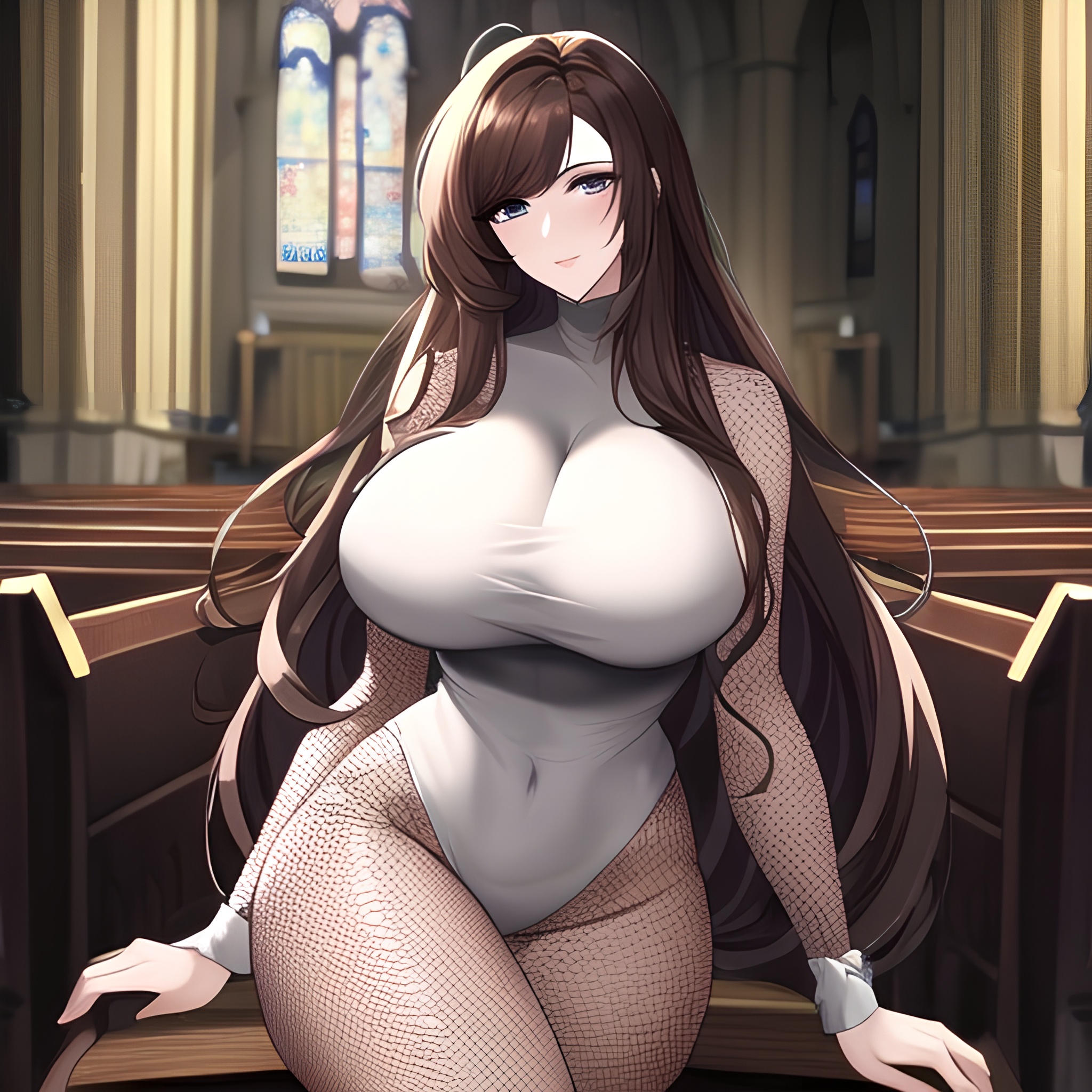 fishnet brunette church long hair messy hair woman
