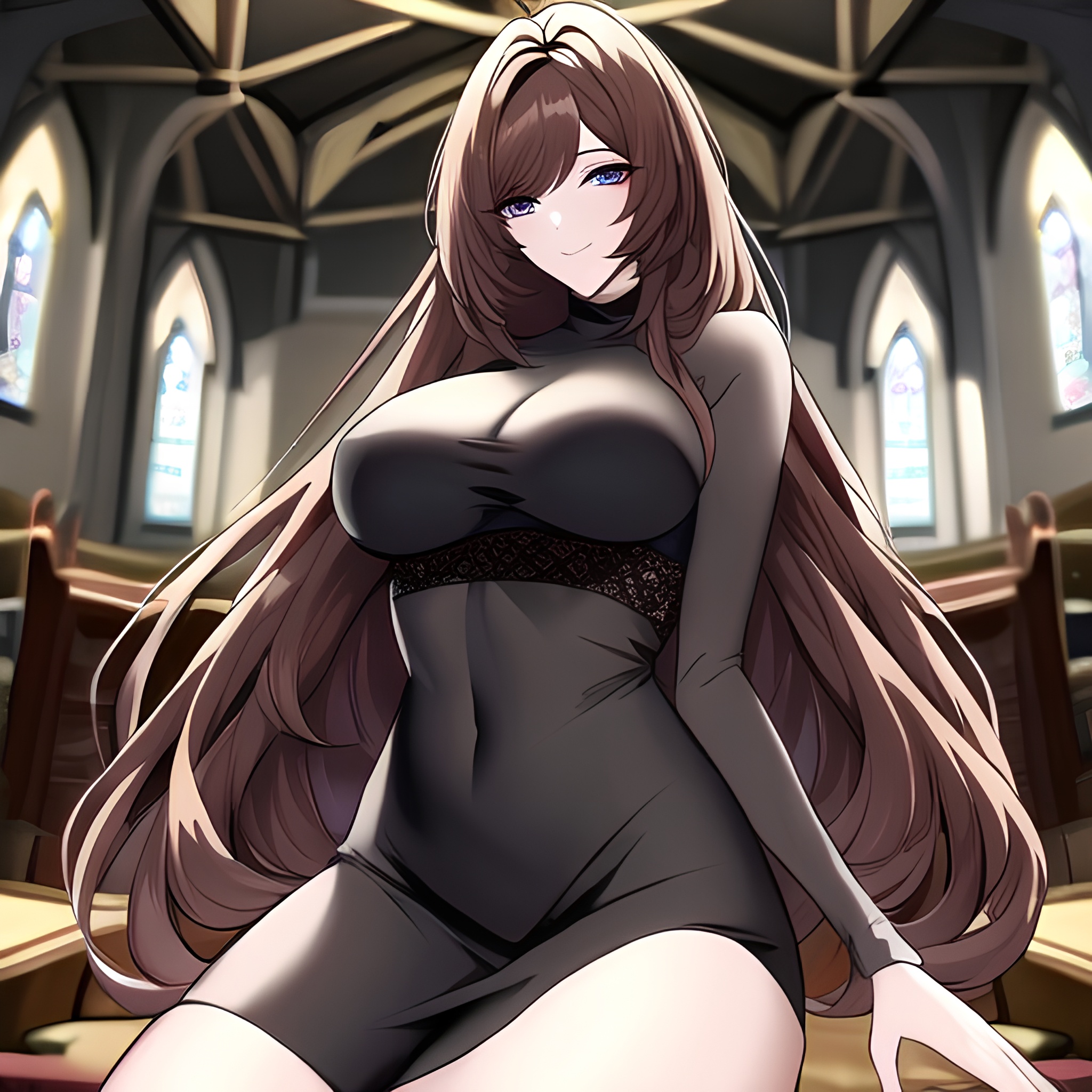 fishnet brunette church long hair woman messy hair 