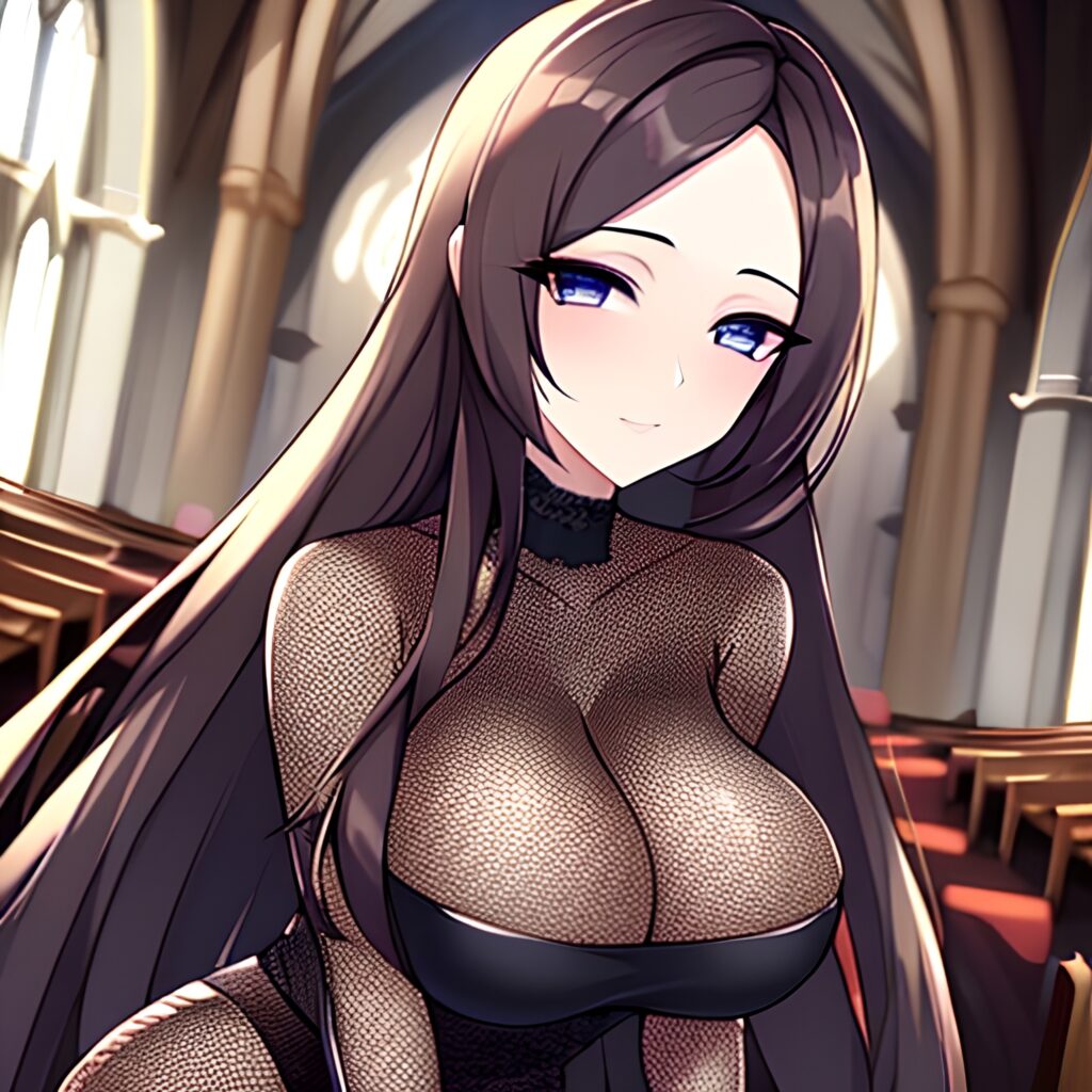 fishnet brunette church messy hair long hair woman 