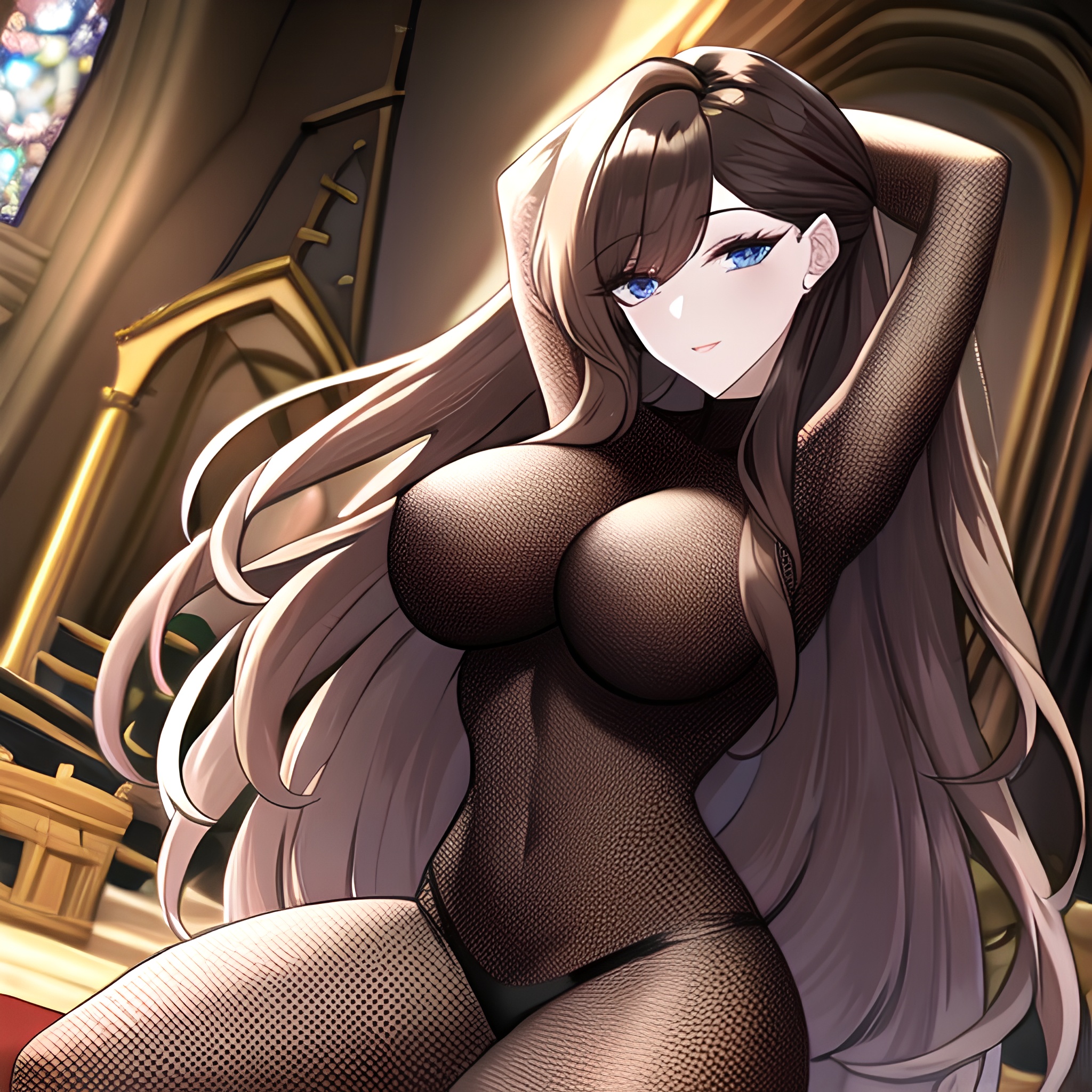 fishnet brunette church messy hair long hair woman