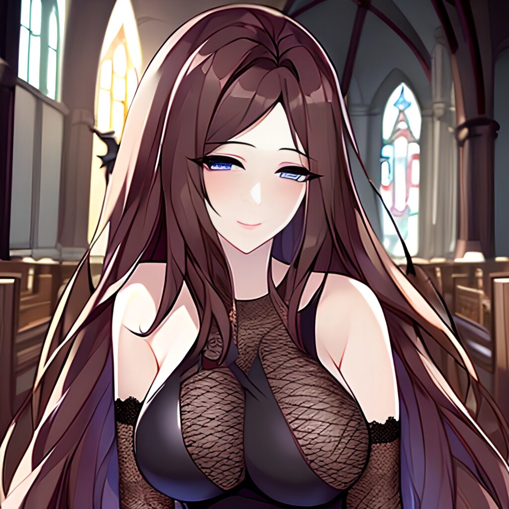 fishnet brunette church messy hair long hair woman 