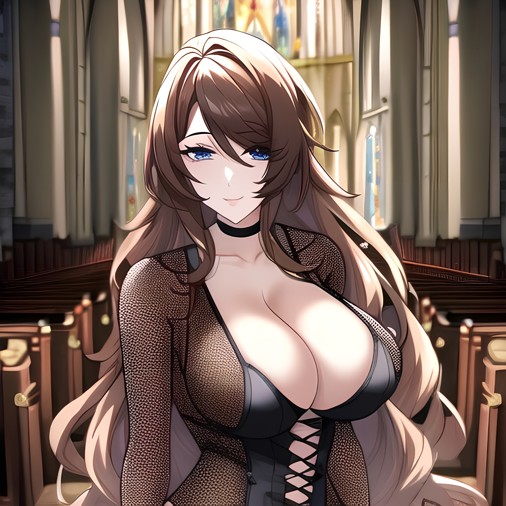 fishnet brunette church messy hair woman long hair 