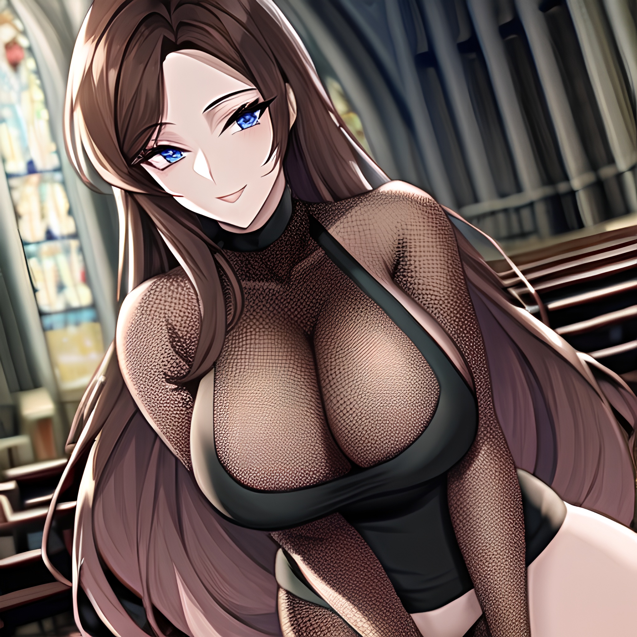 fishnet brunette church woman long hair messy hair