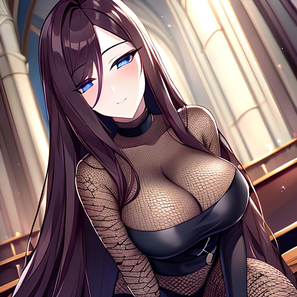fishnet brunette church woman long hair messy hair