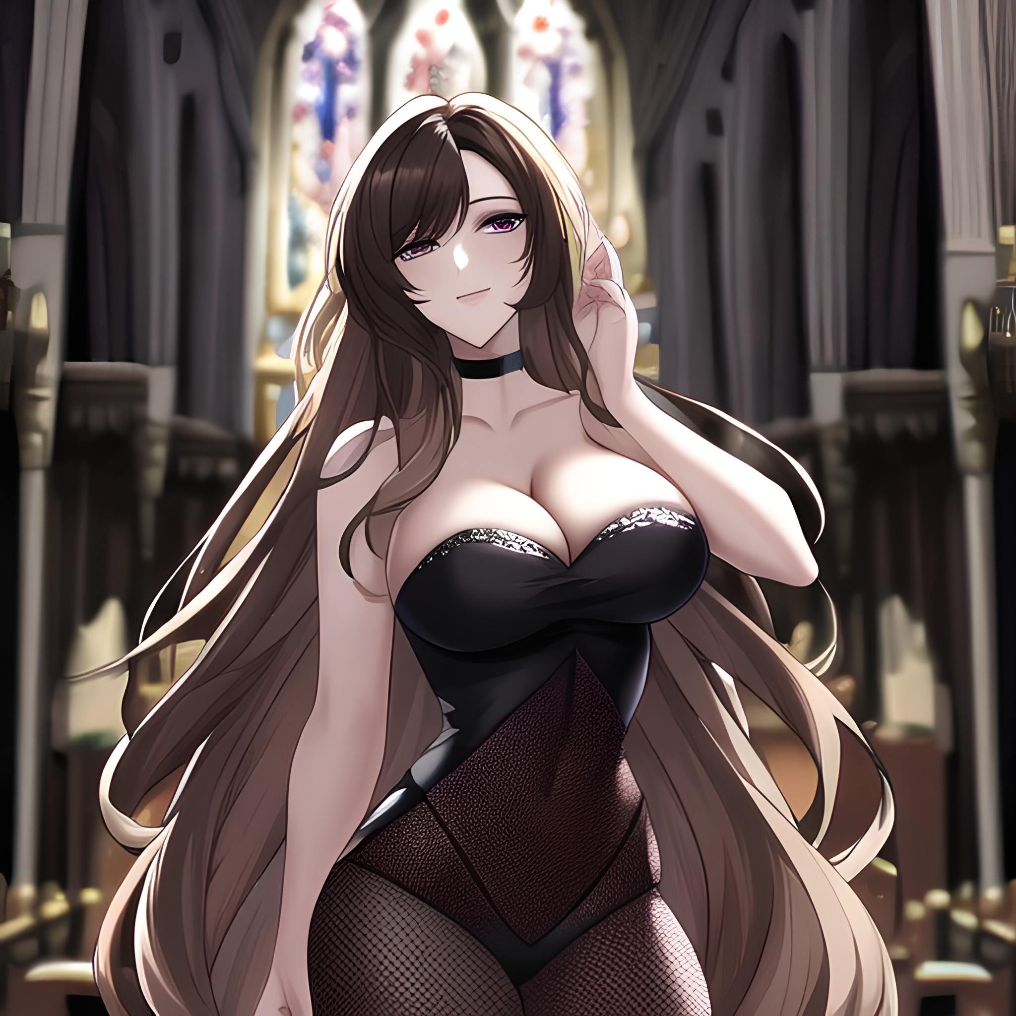 fishnet brunette church woman long hair messy hair