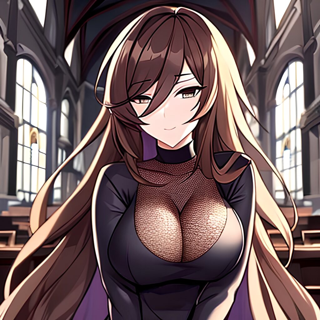 fishnet brunette church woman long hair messy hair 