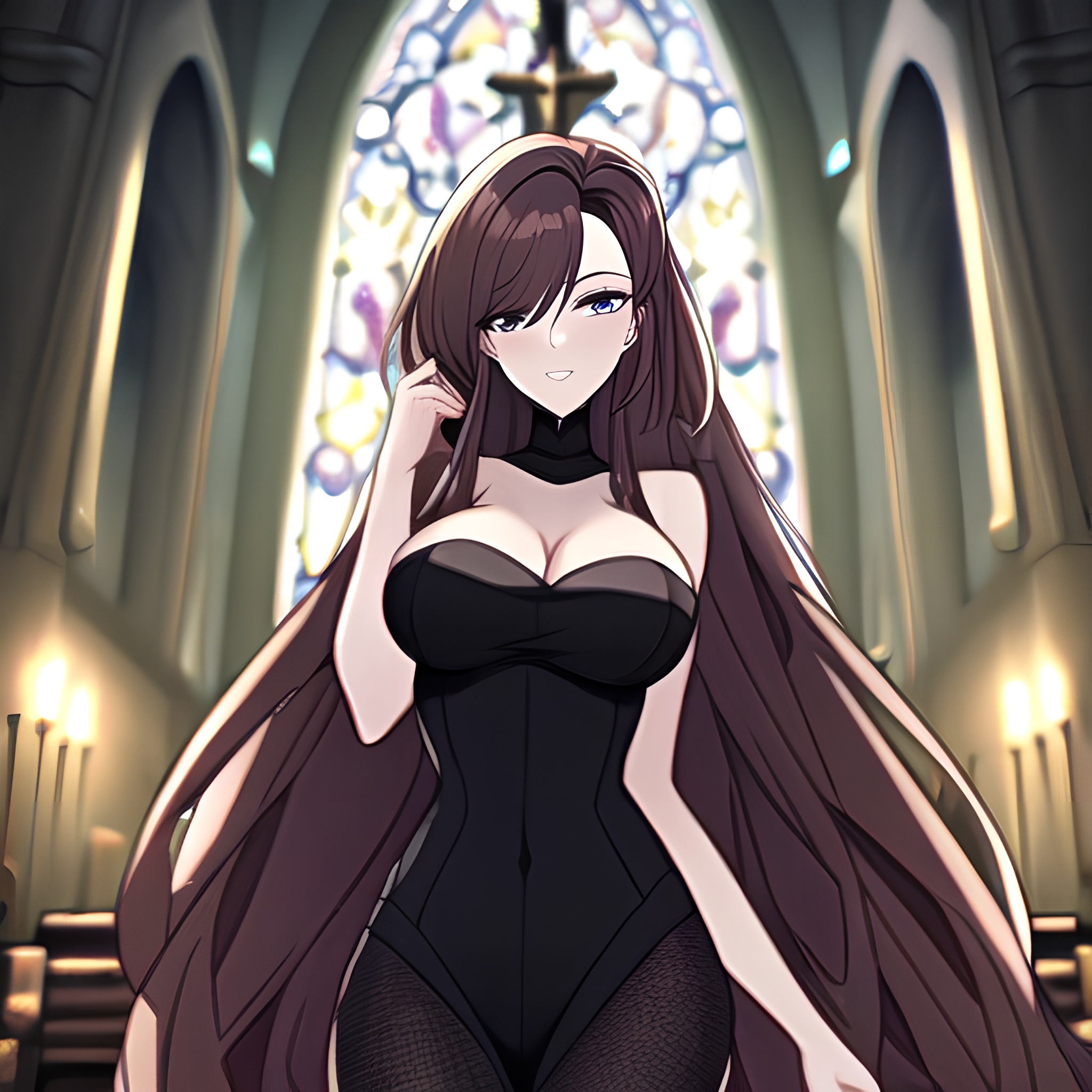 fishnet brunette church woman long hair messy hair 
