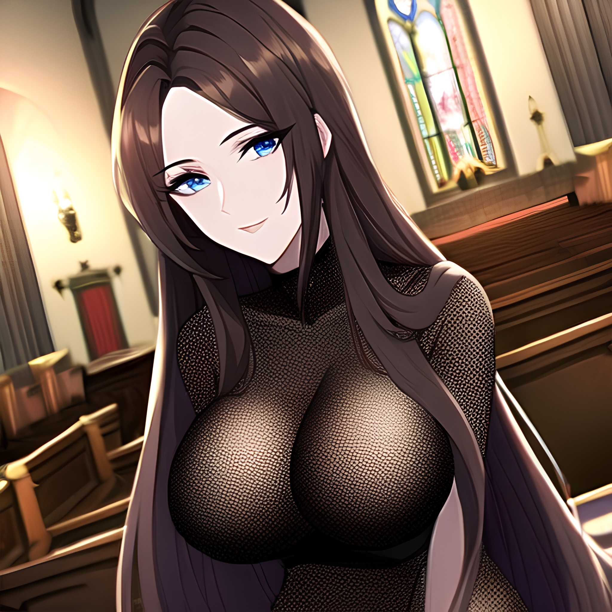 fishnet brunette church woman long hair messy hair